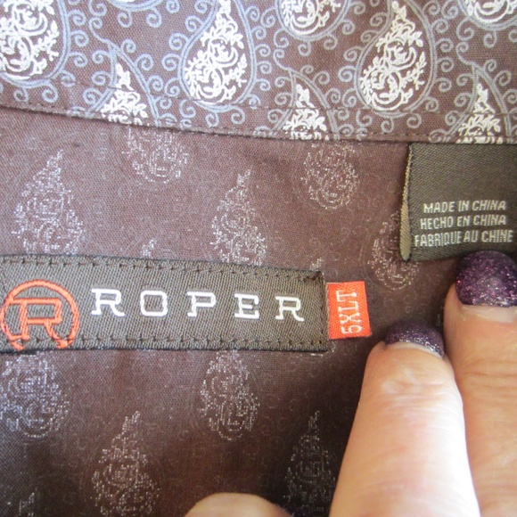 Roper Men's Western Long Sleeve Brown Paisley 5XLT Pearl Button Shirt - Picture 3 of 5